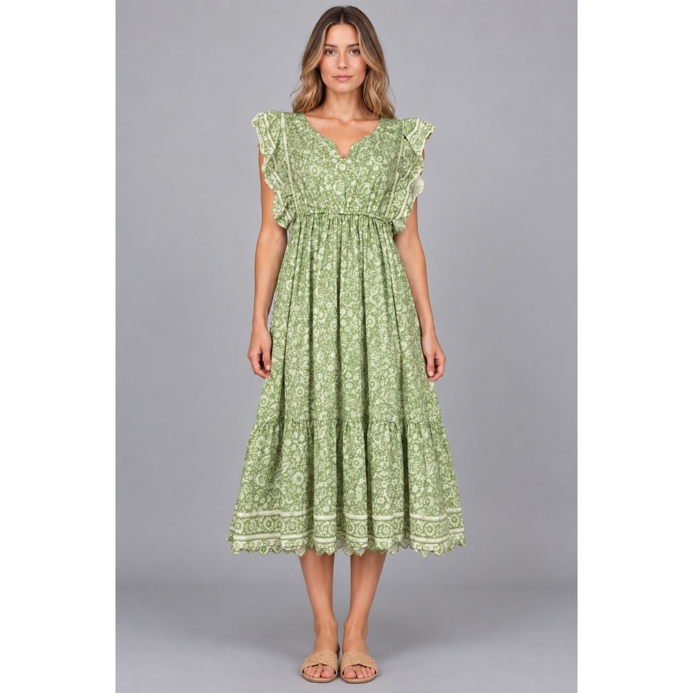 World Market Ditsy Floral Midi Dress Womens S/M Green 100% Cotton Cottage Boho